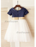 Short Sleeves Navy Blue Sequin Ivory Tulle Knee Length Flower Girl Dress 